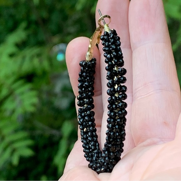NATASHA Beaded Black & Gold BIG HOOPS EARRINGS! - Picture 5 of 6
